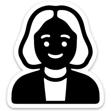 Man with white hair parted in the middle, black in color, shoulder-length, smiling, wearing a white shirt and a black jacket sticker