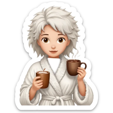{
      "type": "human",
      "look": "fluffy robe woman, messy hair, holding cup of cocoa",
      "description": "a woman in a fluffy robe with messy hair, holding a cup of cocoa"
    } sticker