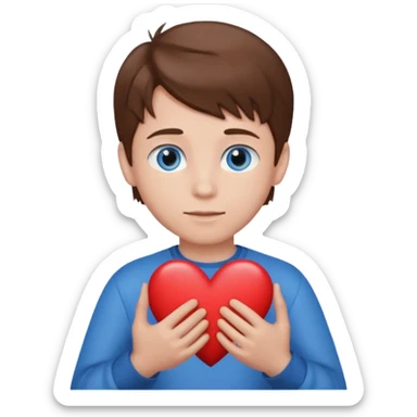 A boy with brown hair and blue eyes keeps a heart sticker