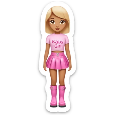 Mini latex skirt and boots and short top with pink inscription “Baby girl” sticker