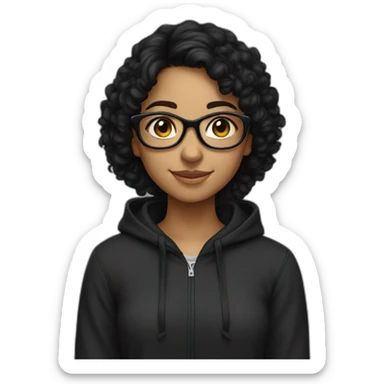 smiling teenage indian girl with glasses with black curly hair wearing a black hoodie with no zipper sticker