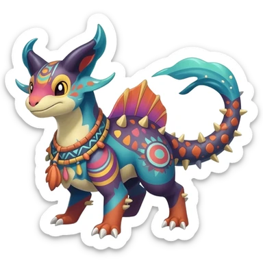 Colorful Exotic La Creatura Pokémon-Fakémon-hybrid-creature (full body) with tribal intricate splash-markings and patterns and furs and scales and spikes and fins and horns  sticker