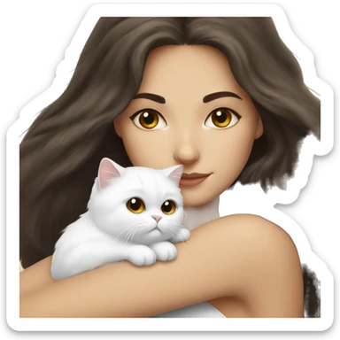 Brunette woman snuggling white Persian cat sticker
