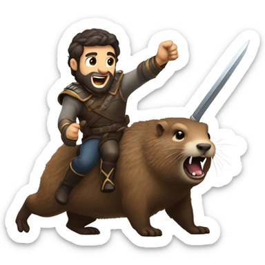 Confident armored White Man with dark brown hair and a short beard pointing forward with one arm holding a sword and yelling a battle charge while riding on the back of a giant groundhog sticker