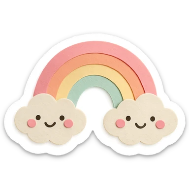 adorable pastel rainbow, stretching between two smiling clouds, no arms or legs, full body, kawaii paper craft style sticker