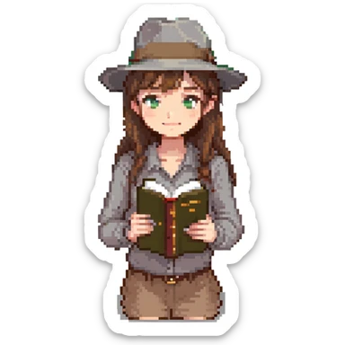 pixel art, girl with brown hair, grey fedora, holding a book sticker