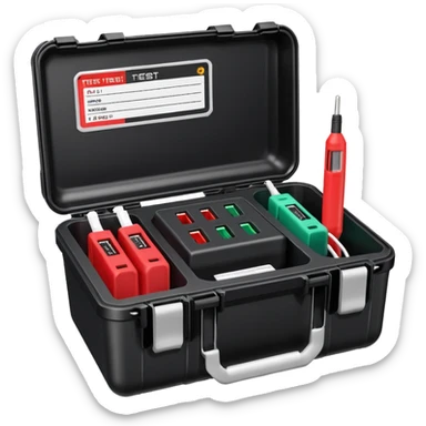 An open black hard-shell test case, inside: a power outlet, USB port, and colored test sockets. A large roll of white test labels lies next to the equipment, along with a red test probe. sticker