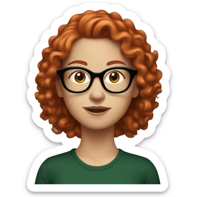 white girl in a black t-shirt with curly red hair, in dark green framed glasses  sticker