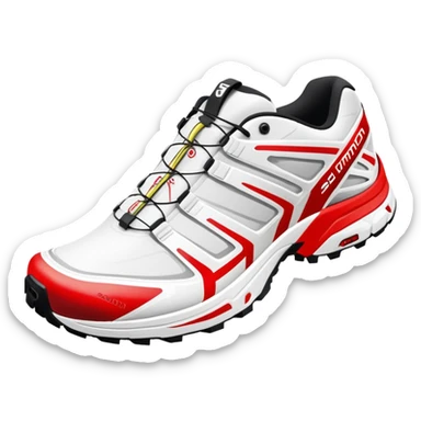 Ultra simplified white Salomon XT-6 shoes with just a red colored line across the middle, one behind the other, completely white design except for the colored center line sticker