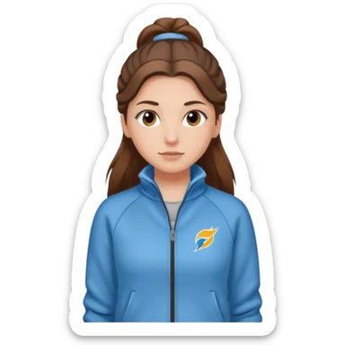 Chica blanca, pelo castaño muy largo recogido, jersey de invierno y niki sticker