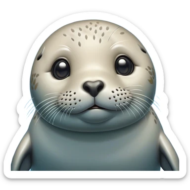 Cinematic Cute harbour seal Portrait Emoji, Head tilted playfully and inquisitively, featuring a charming, plump form with a sleek, shiny body and round, sparkling eyes full of gentle wonder, accented by a subtly contoured head, Simplified yet irresistibly adorable features, highly detailed, glowing with a warm, friendly oceanic glow, high shine, affectionate and lively, stylized with a touch of whimsical seaside charm, soft glowing outline, capturing the essence of a mischievous yet loving harbour seal that seems as if it could pop out of the screen into your arms! sticker