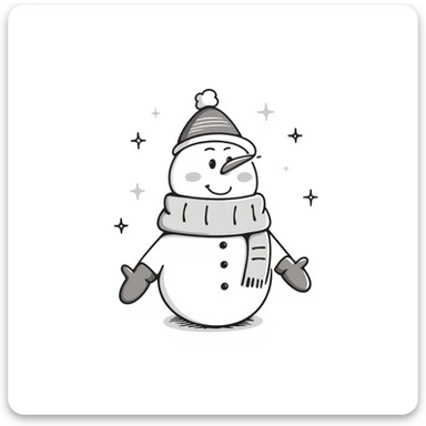 A cute snowman with scarf and winter accessories in pastel colors (dd9fb0, ffc6d3, a3bfc9, c4bee2, f1b091), hand-drawn doodle style sticker