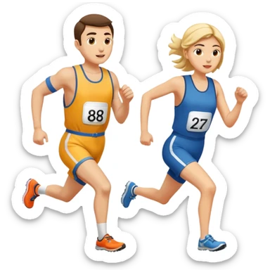 A man and a woman competing in a footrace, wearing bib numbers sticker