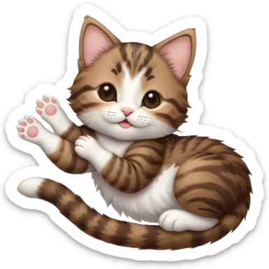 dark brown tabby and white kitten with his eyes closed whilst in funny positions stretched out and  upside down sticker