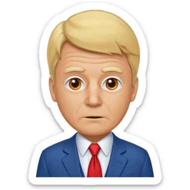 an ugly old orange man with a blonde toupee and a blue suit with a white undershirt and a red tie sticker