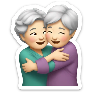 two asian grandma hugging each other, using the IOS grandma emoji sticker