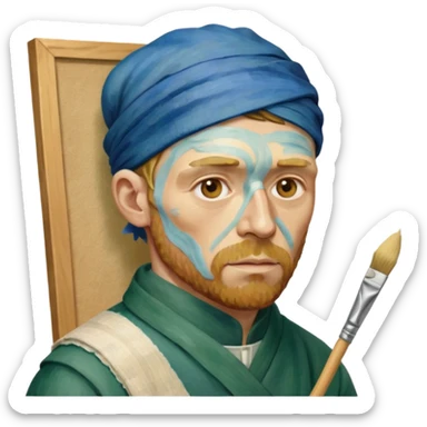 an gogh paints on a canvas. On his right ear he has a bandage sticker