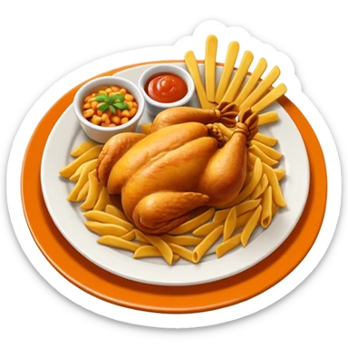 Plato redondo visto desde arriba con pollo en trozos pequeños crujientes bañados en salsa agridulce brillante color naranja, acompañado de pastas y papas fritas doradas gruesas al lado sticker