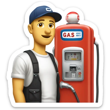 White man with ballcap standing next to vintage gas pump sticker