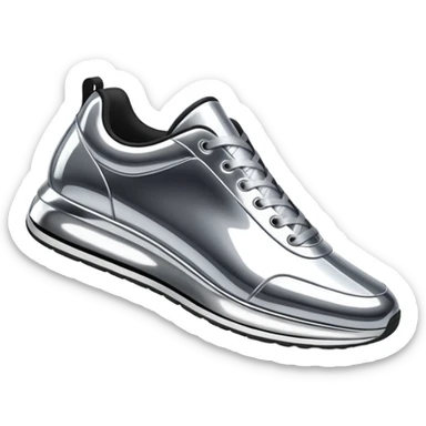 A pair of futuristic sneakers emoji made of silver chrome, sleek streetwear design, smooth metallic panels, subtle reflections, luxury swag aesthetic, iOS emoji style, centered, clean white background sticker