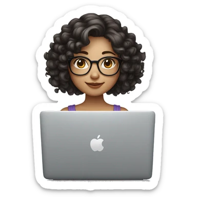 Cute white skin girl with long curly dark hair, glasses, and apple laptop sticker