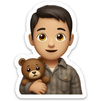A 4-year-old boy with dark hair, in brown pajamas with a teddy bear in his hand sticker