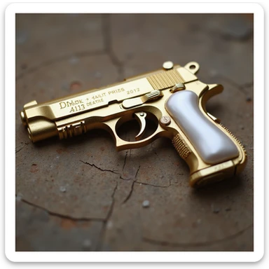photorealistic gold pistol with a pearl handle, no heart shapes or motifs, white background sticker