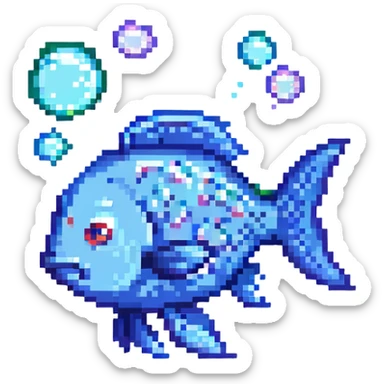 Add bubbles around the fish in pixel art style. sticker