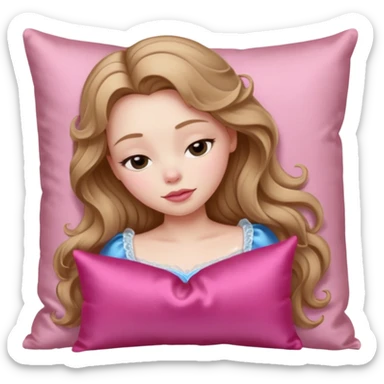 sleeping beauty girl with pale skin and light brown wavy hair with a pink silk pillow sticker
