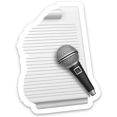 minimalist oconography design: white document with a folded top-right corner and horizontal lines, outlined in a brick pattern. At the top center of the document is an icon indicating ai. In front of the document a microphone icon sticker