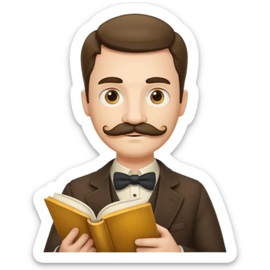 gentleman with moustache holds a book and reads it, golden gradient background sticker