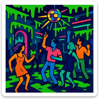a vibrant toon style dance hall covered in slime, neon lights, and dancing figures sticker
