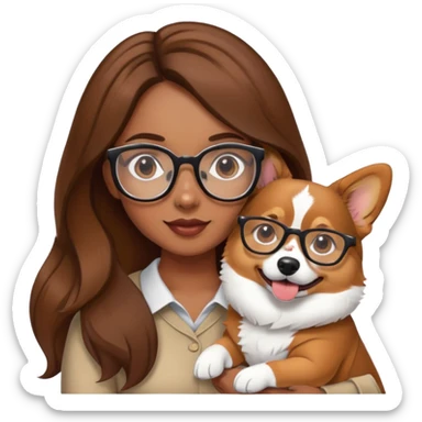 A girl with long brown hair and glasses is holding a corgi sticker
