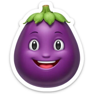 smiling eggplant shaped emoji in early Apple emoji style with minimal shading sticker