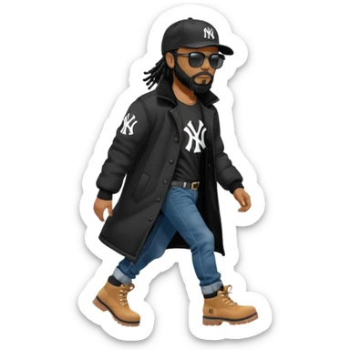 African American man with shoulder length black dreadlocks with black beard wearing black sunglasses wearing a black New York Yankees logo baseball cap wearing a black bubble winter coat with denim skinny jeans and timberland boots walking with hand out sticker