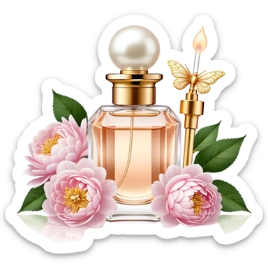 A delicate glass perfume bottle with a golden atomizer, surrounded by soft pink roses, white peonies, and dahlias, as pearl butterflies reflect beautifully in the crystal surface.
 sticker