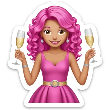 One lady with long hot pink curled hair and tan skin wearing a pink dress with sparkly belt holding a glass of pink champagne in each hand smiling cheerfully  sticker