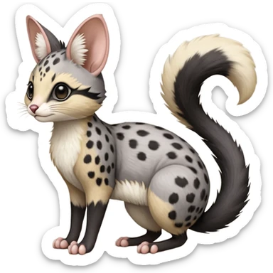 Black, soft realistic romantic vintage antique divine beautiful elegant pretty precious cute young youthful  Fakémon-Pokémon-opossum-feline-mouse-serval-caracal-chinchilla-Minccino-Cinccino-Meowstic-rodent-hybrid-creature with a tufted tail (full body) sticker