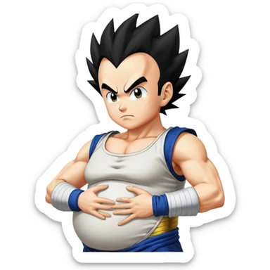 Pregnant Vegeta from Dragon Ball Z facing left with hands on his large belly, spiky black hair, serious expression sticker