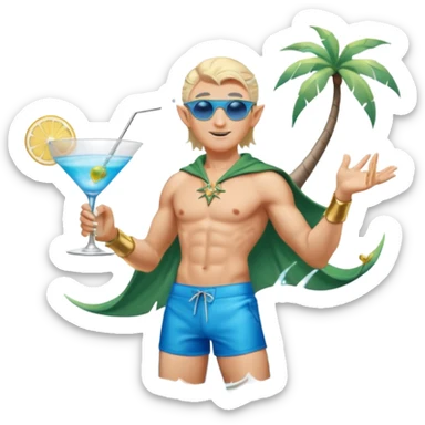 elf male legolas in stylish blue swim trunks, palm extended over cocktail glass, conjuring swirling frost and mist to chill it, silver aviator sunglasses, pointy ears, confident smirk, minimalist beach bar backdrop, centered emoji, summer magic sticker