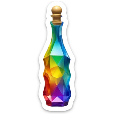 symbolic all-energies in a bottle sculpture symbolizing chromatic light with a geometric, faceted design. The bottle is standing upright with angular and baroque features. The vibrant rainbow of colors highlights the sharp edges and planes.  sticker