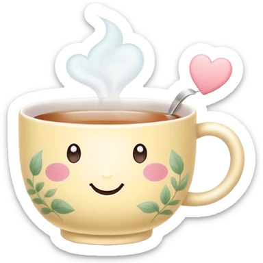 Cute Kawaii Tea Cup, steaming with warmth, a charming smiling face, soft pastel tones, delicate floral patterns, a tiny heart-shaped tea bag tag, cozy and inviting! sticker