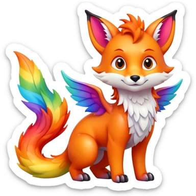 Cartoon Fox dragon hybrid with wings face front full body rainbow colored sticker