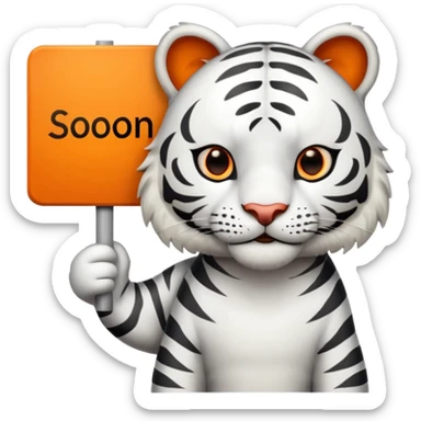 White Tiger. He is holding a sign with SOON - written on it. Let him have 4 paws, not more. sticker