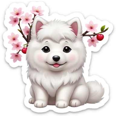 A cute  little  white Samoye and cherry blossom sticker
