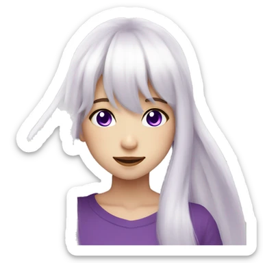 white long hair with bangs, purple eyes, anime girl, make an emote smile post sticker