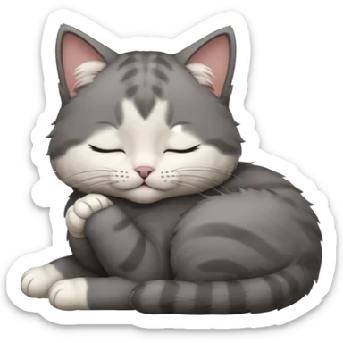 dark grey and white small cat with closed eyes, leaning his head on his paw while leaning on his elbow lying down sticker