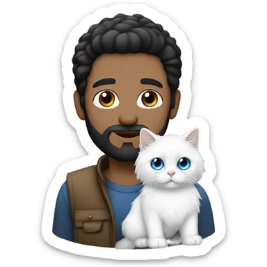 Man with black hair, black beard and holding a all white Siberian cat with blue eyes sticker