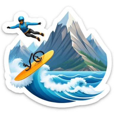 An emblematic symbol featuring a stylized figure in mid-action, representing extreme sports. The design incorporates dynamic lines and bold shapes, with elements like mountains, waves, and flying objects, capturing the thrill and adrenaline of various extreme sports in a single, unified icon. sticker