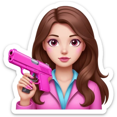 Long hair brown Girl hand pink nails holding pink gun sticker